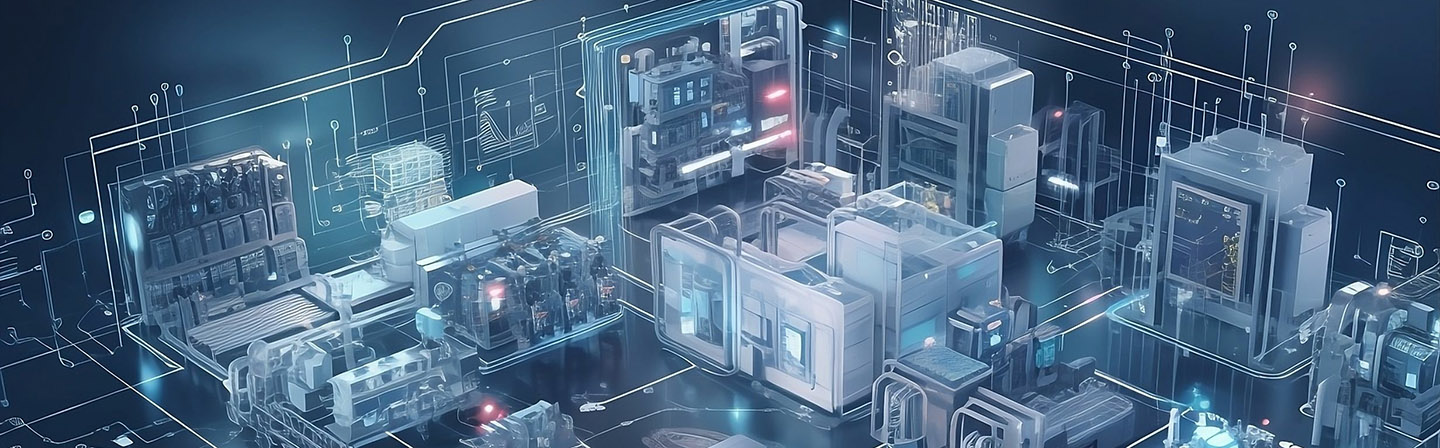 Factory Digitalization, Big Data Statistics Visualization of High-Tech Electronics Facility, Industry 4.0 Machinery and Manufacturing Products.  Generative AI